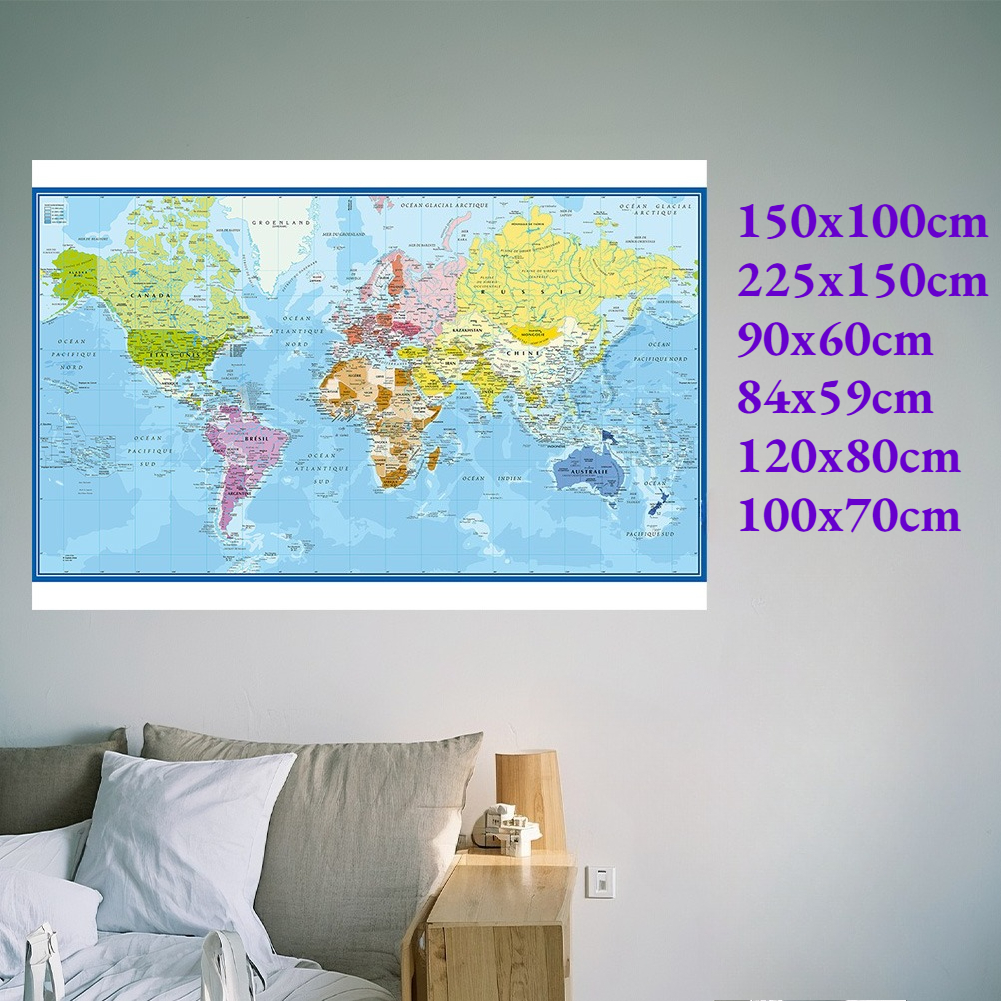 Carte Du Monde 세계지도 벽 포스터 프랑스어 폴리 에스터 천 그림 사무실 학교 교실 용품 홈 인테리어