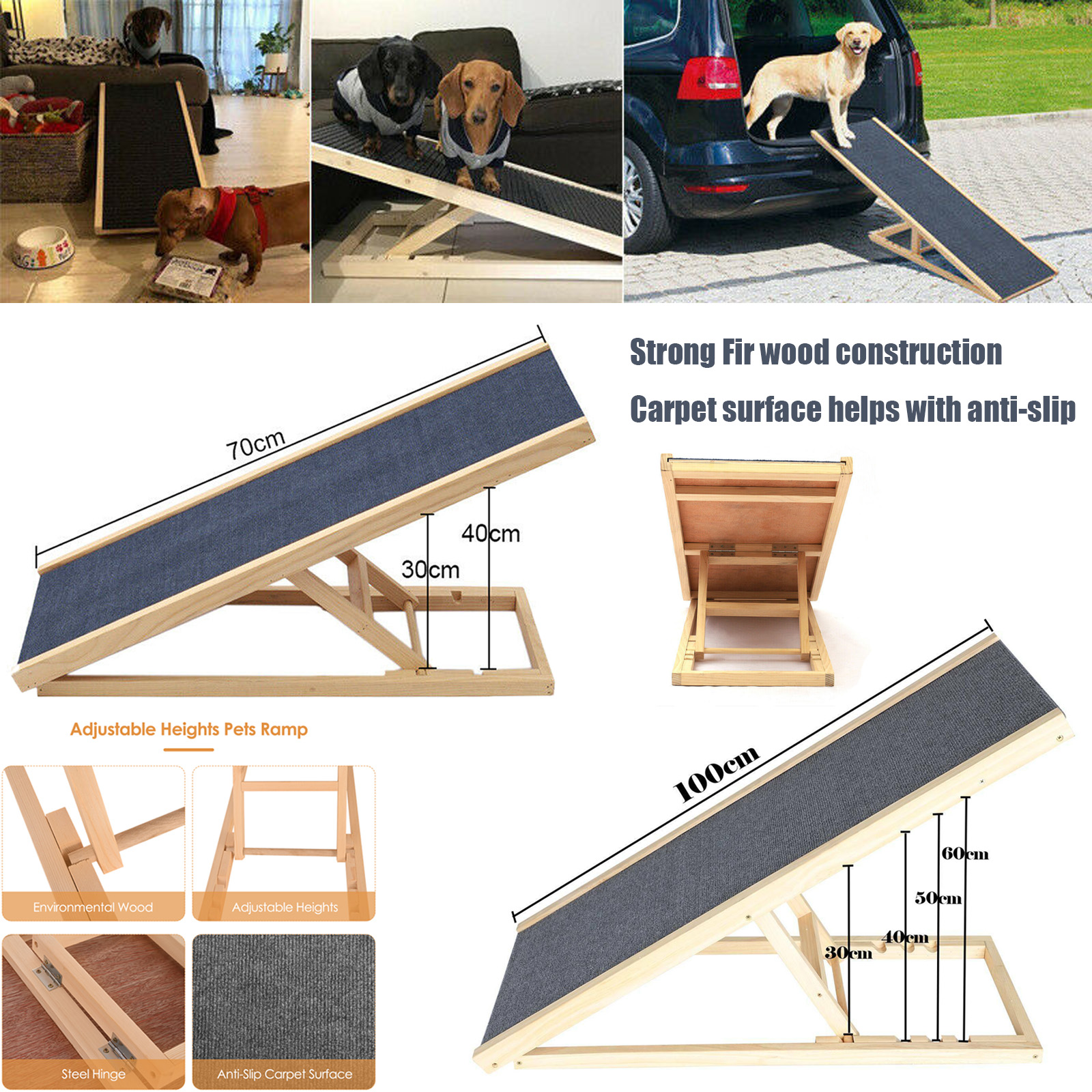 Rampe pour animaux de compagnie en bois massif, échelle pour chien, 4 hauteurs réglables avec tapis antidérapant, échelle de sécurité pour animaux de compagnie, rampe en bois pour chien, chiot