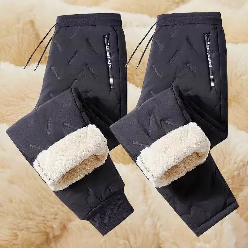 Inverno zip bolsos engrossar velo sweatpants mulheres corredores preto cinza para baixo algodão calças quentes masculino à prova de água calças térmicas