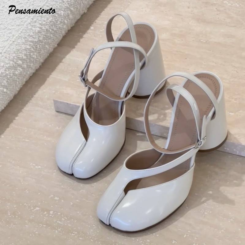 2025 New Fashion Patent Leather Cross Strap Tabi Women Sandals Summer Slingbacks Split toe Thick High heels Chunky Shoes Sandals
