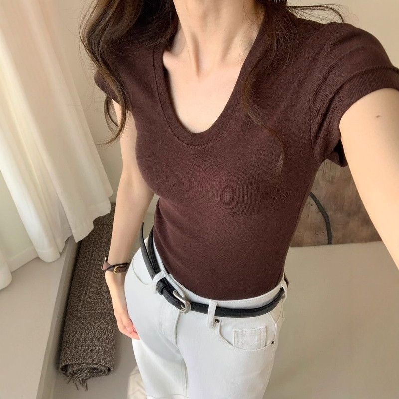 Camiseta Feminina de Manga Curta com Decote em U, Slim Fit, Elegante, Casual, Sólida, Chique, Básica, Moda Feminina, Blusa Streetwear