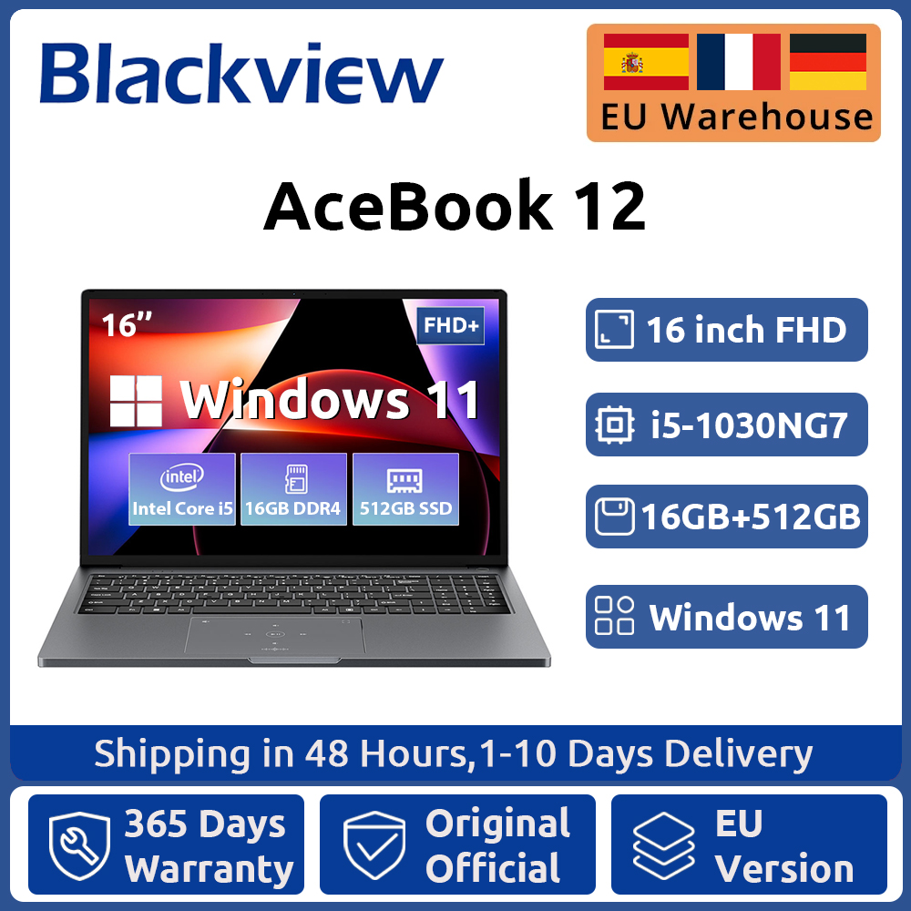 Laptop Blackview AceBook 12 Win 11 16'' FHD IPS, notebook Intel I5-1030NG7, 16 GB pamięci RAM, 512 GB SSD, przycisk zasilania 2 w 1 z czytnikiem linii papilarnych