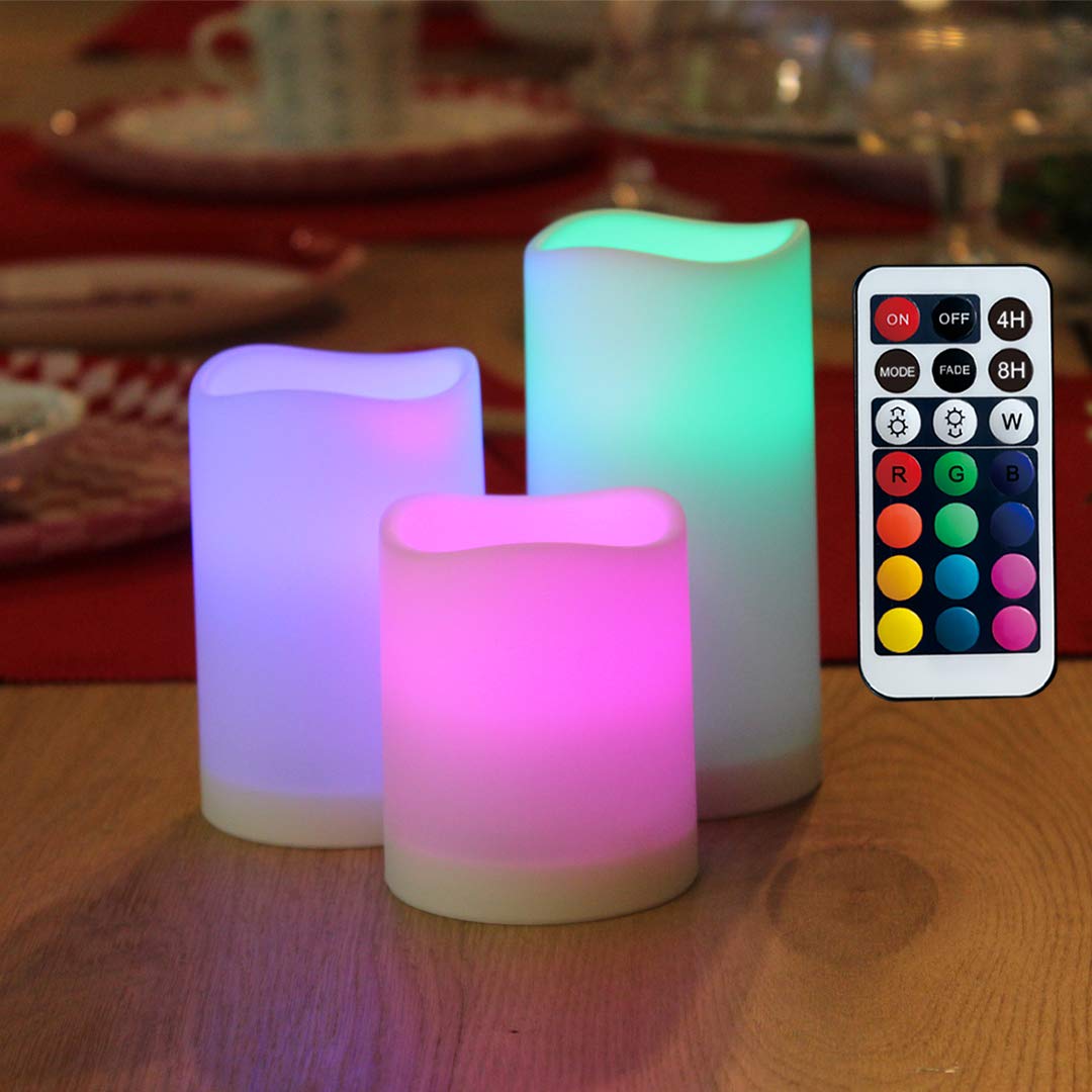 WRalwaysLX Velas LED que cambian de color sin llama con control remoto, paquete de 3, alimentadas por 3 pilas AAA (EXCL.)