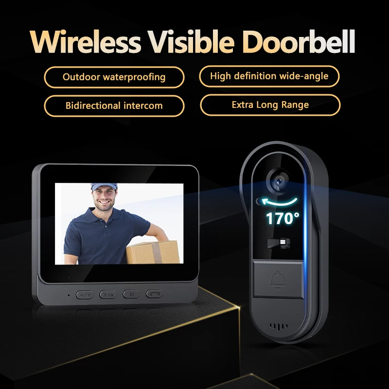 2025 sonnette visuelle étanche sans fil IR Vision nocturne sonnette de porte HD 4.3 pouces écran IPS sonnette caméra 2.4G pour maison appartement