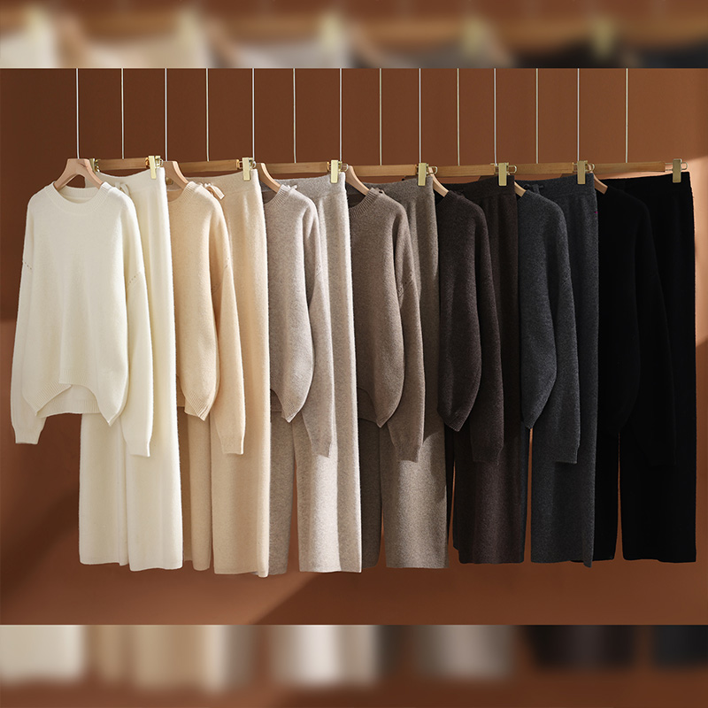 Frauen 100% Wolle Set Oansatz Pullover Breite Bein Hosen Lose Dicke Herbst Winter Feste Kaschmir Pullover Strickwaren Hosen Anzug