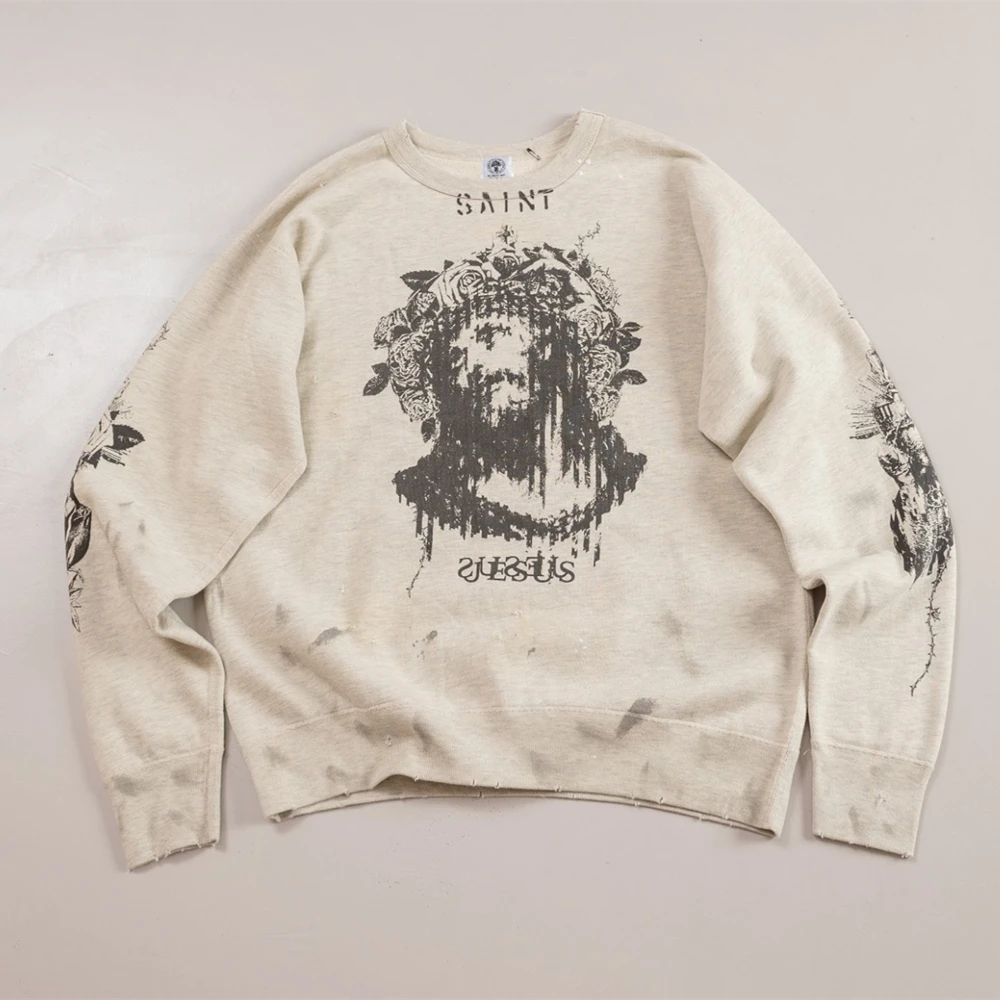 Yao Fashion Saint OF Michael Graffiti Print Pullover Luxe Streetwear Oversize Y2k Hoge kwaliteit casual sweatshirt voor heren