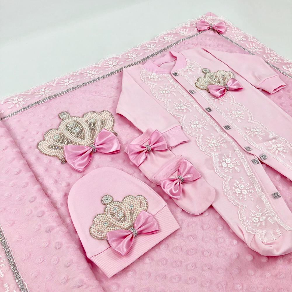 Dollbling pakaian bayi baru lahir 5 buah selimut penerima katun nama mahkota pribadi sayap sudut perhiasan selamat datang Romper rumah