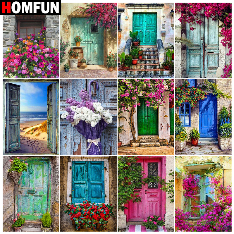 HOMFUN-pintura con diamantes, bordado de flores, paisaje de puerta, cuadro con diamantes de imitación, imagen completa cuadrada y redonda, decoración