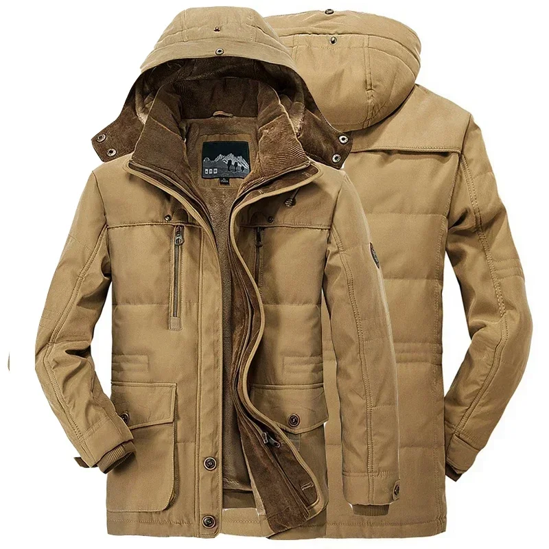 Parka cálida de lana para hombre, chaqueta acolchada a prueba de viento con forro polar grueso para acampar y esquí, abrigo largo Vintage con capucha a la moda para invierno