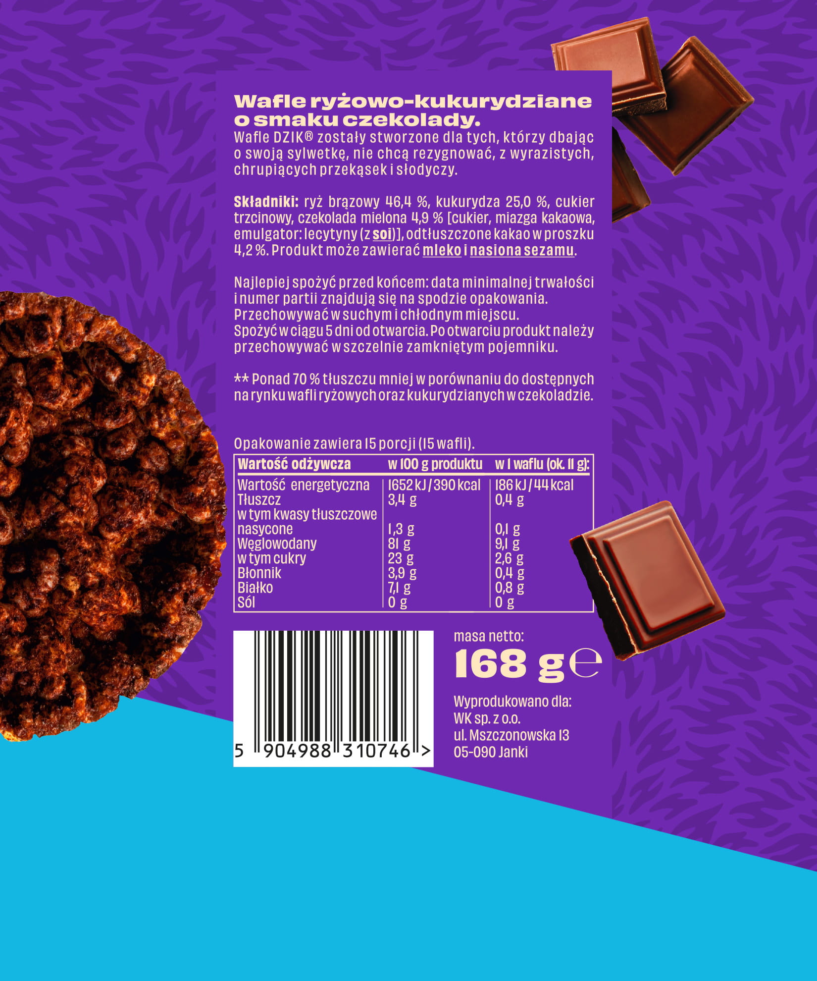 Wafle ryżowo-kukurydziane WK DZIK Czekoladowe LOW FAT - 168g