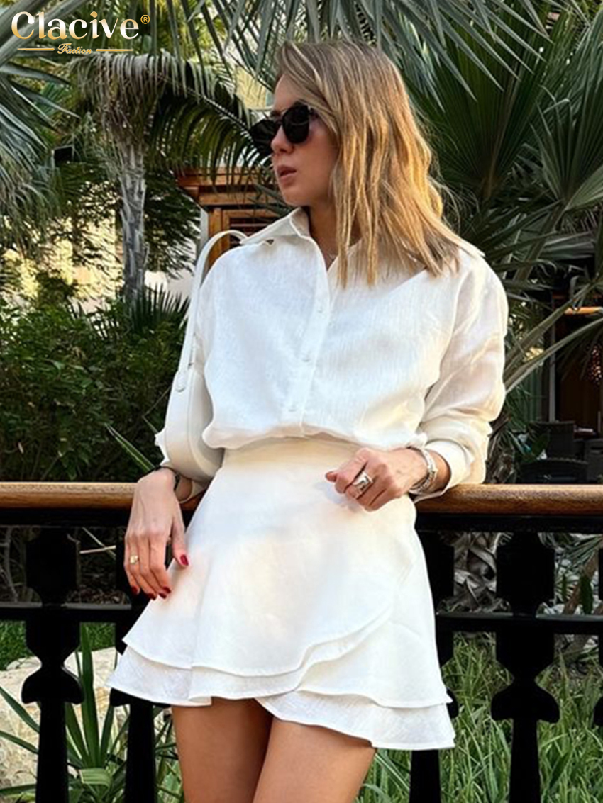 Clacive Mode Lose Beige Baumwolle frauen Zwei Stücke Set 2025, Elegantes Langarm-shirt Mit Hoher Taille Mini Rock Set weibliche