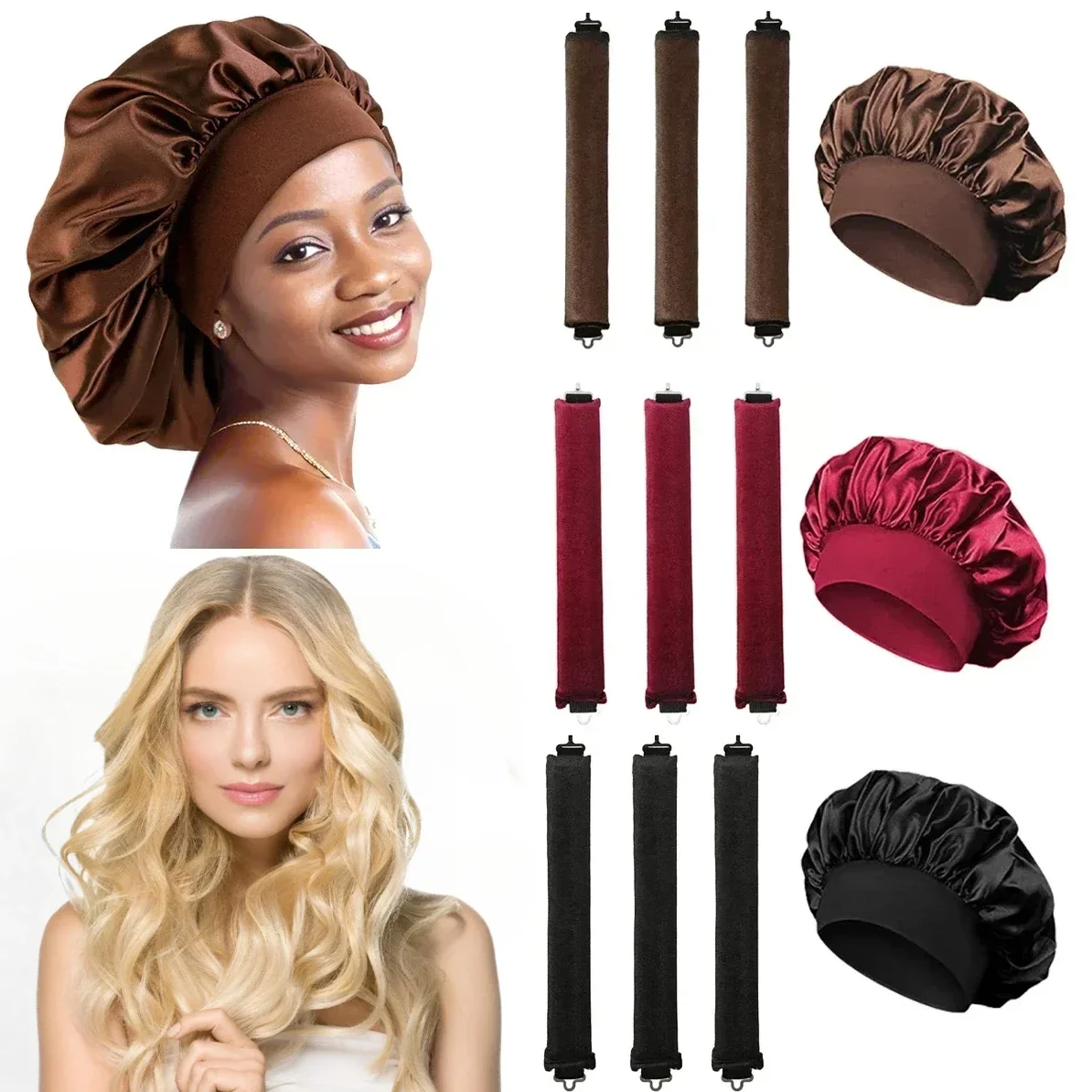 Rizador de pelo sin calor, rulos de pelo sin calor, varilla rizadora, diadema, rizos suaves, capó de satén para dormir, gorro de noche, herramientas de estilismo