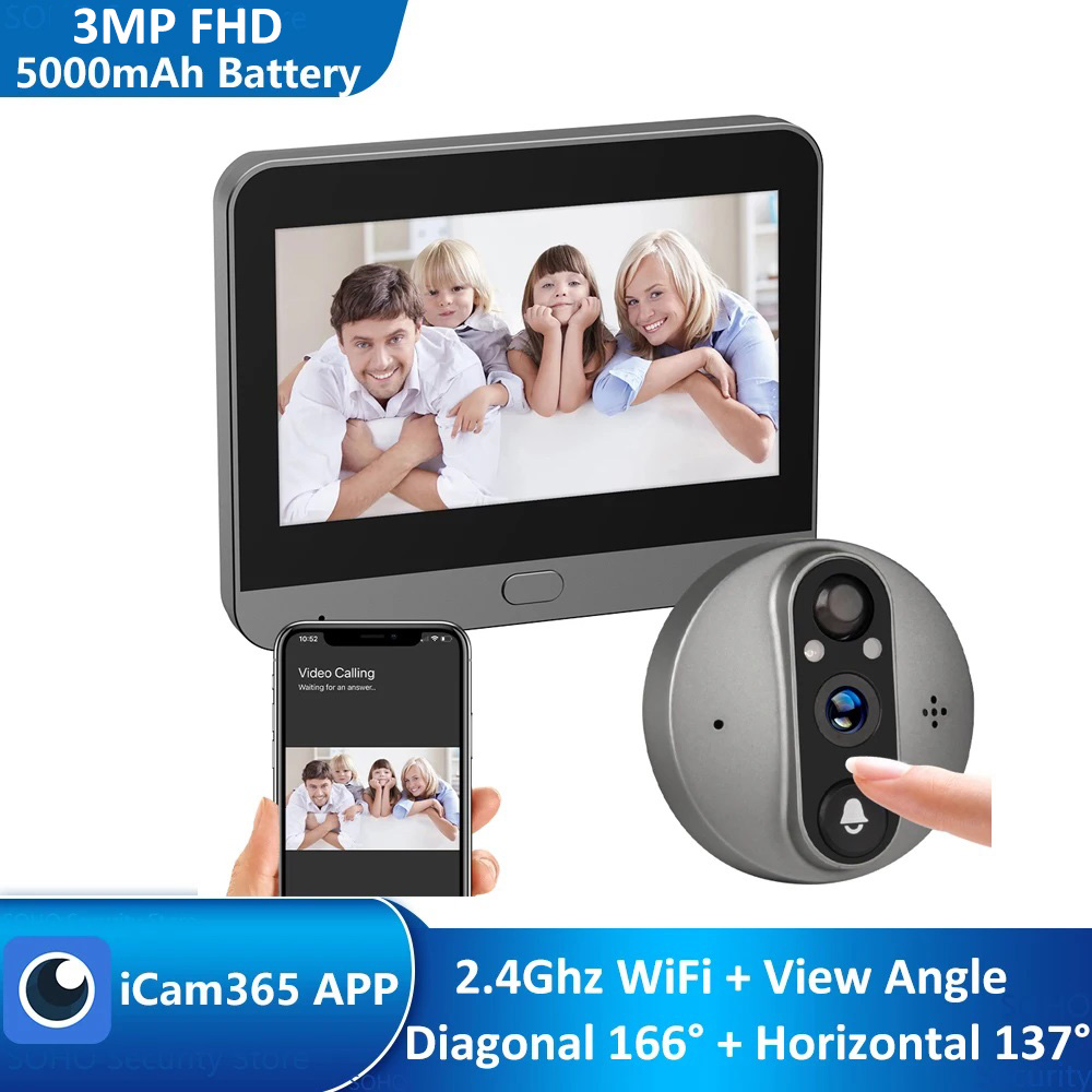 Timbre de puerta inteligente con pantalla FHD de 3 MP, WiFi, alimentado por batería, cámara con mirilla mágica, visor digital PIR FHD, timbre con monitor inalámbrico
