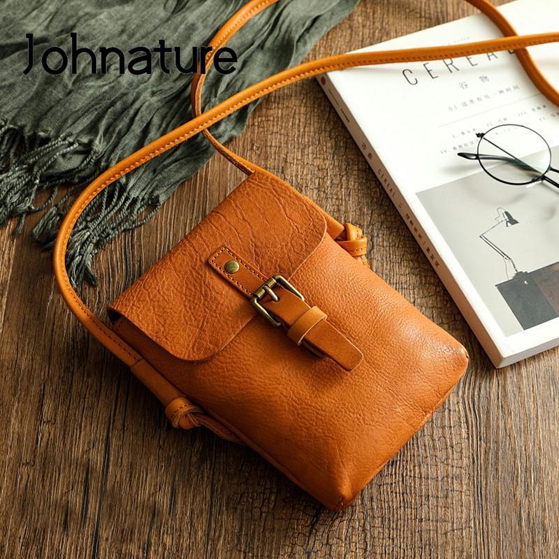 Johnature 2026 Tas Wanita Kulit Asli Sederhana Baru Warna Solid Retro Kulit Sapi Alami Tas Ponsel Mini Tas Selempang Kecil Santai