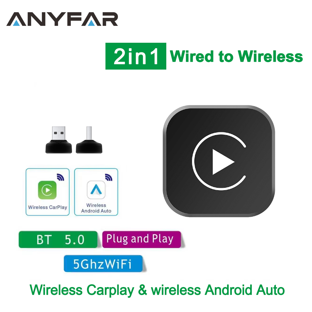 Adapter Mini Wireless CarPlay 2w1 Ultra Wireless Android Auto AI Smart Box Inteligentne Systemy dla Samochodów z Przewodowym CarPlay