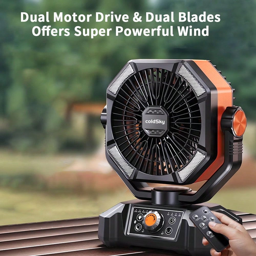 20000mAh Camping Fan With Dual Motor , Battery Operated Fan With 4 LED Lantern, 8 Speeds Desk Fan With Remote, Portable Outdoor Fan With Hook For Tent, Power Outages, Jobsite
