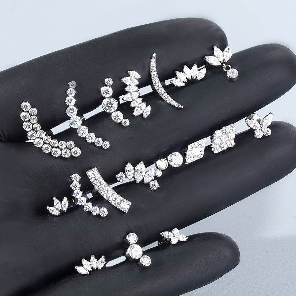 Brincos de titânio com zircônia cúbica, piercing tragus helix com rosca interna, piercing labret, joia para mulheres, 1 peça