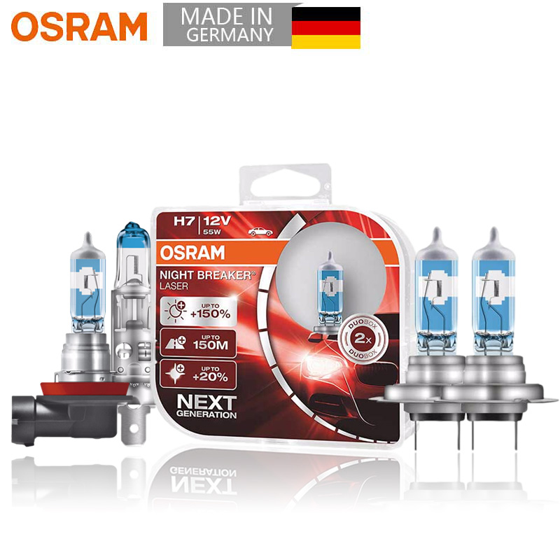 OSRAM H4 H7 H11 12V Car Halogen Head Light Night Breaker Laser Next Generation Auto Lamps +150% Brightness Original Bulbs, 2X