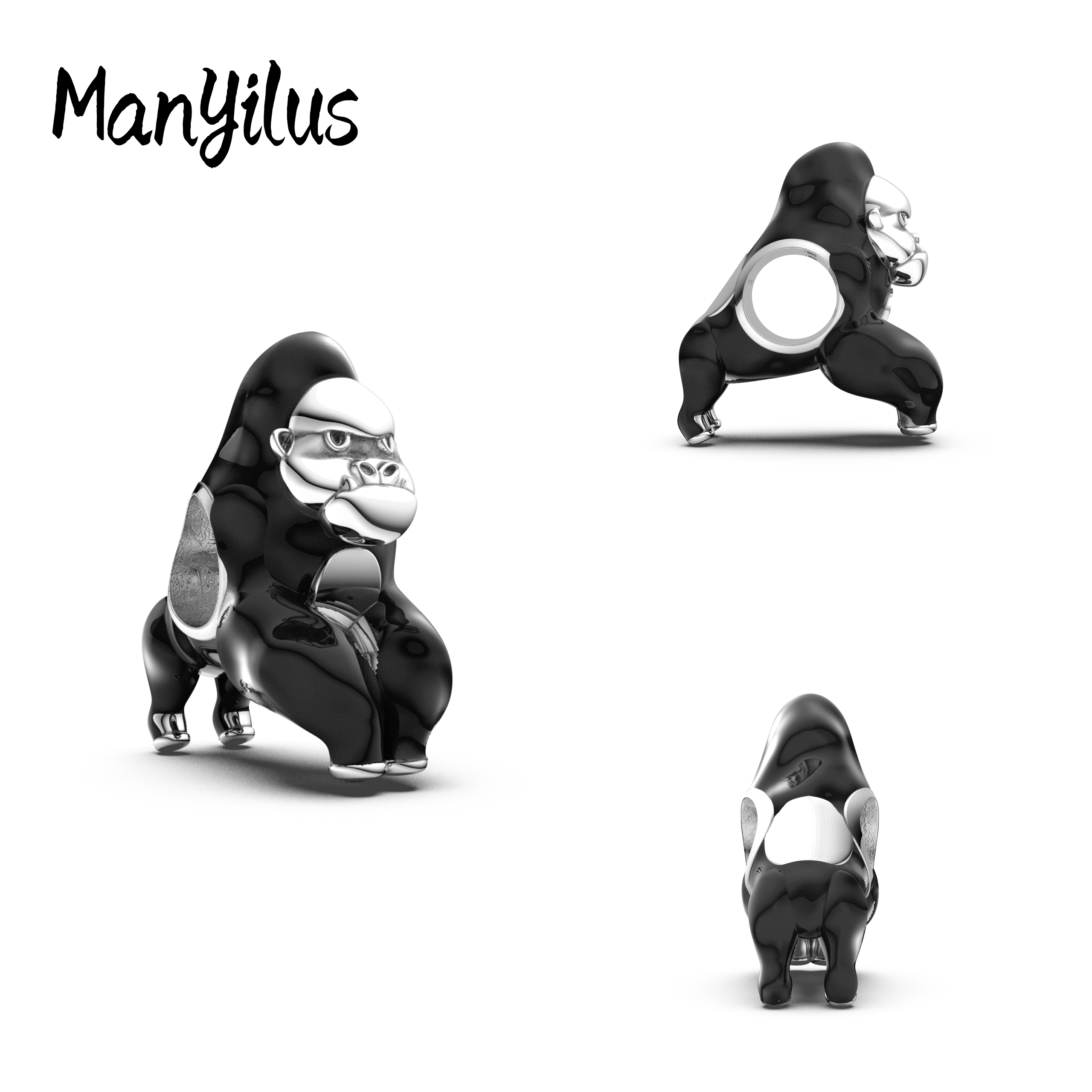 Manyilus Original Black Gorilla Charm 925 Sterling Silver Animal Jewelry Pendant for DIY Bracelet Powerful Guardian Gift for Men