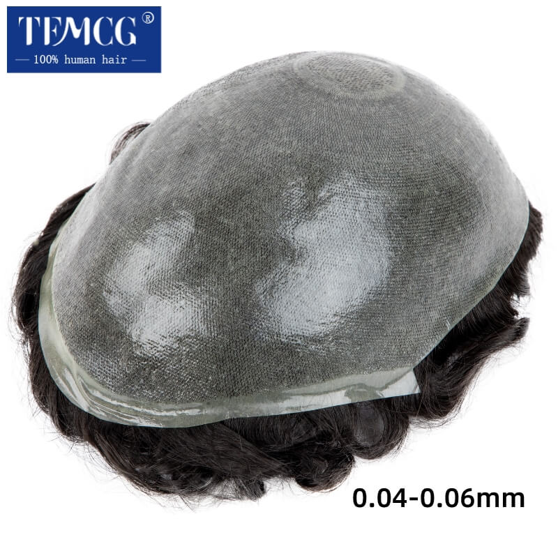 Prothèse Capillaire Masculine 0.04-0.06mm Double Nœuds PU, Toupet Homme Durable, Système de Cheveux Humains Remy, Unité de Prothèse Capillaire pour Hommes