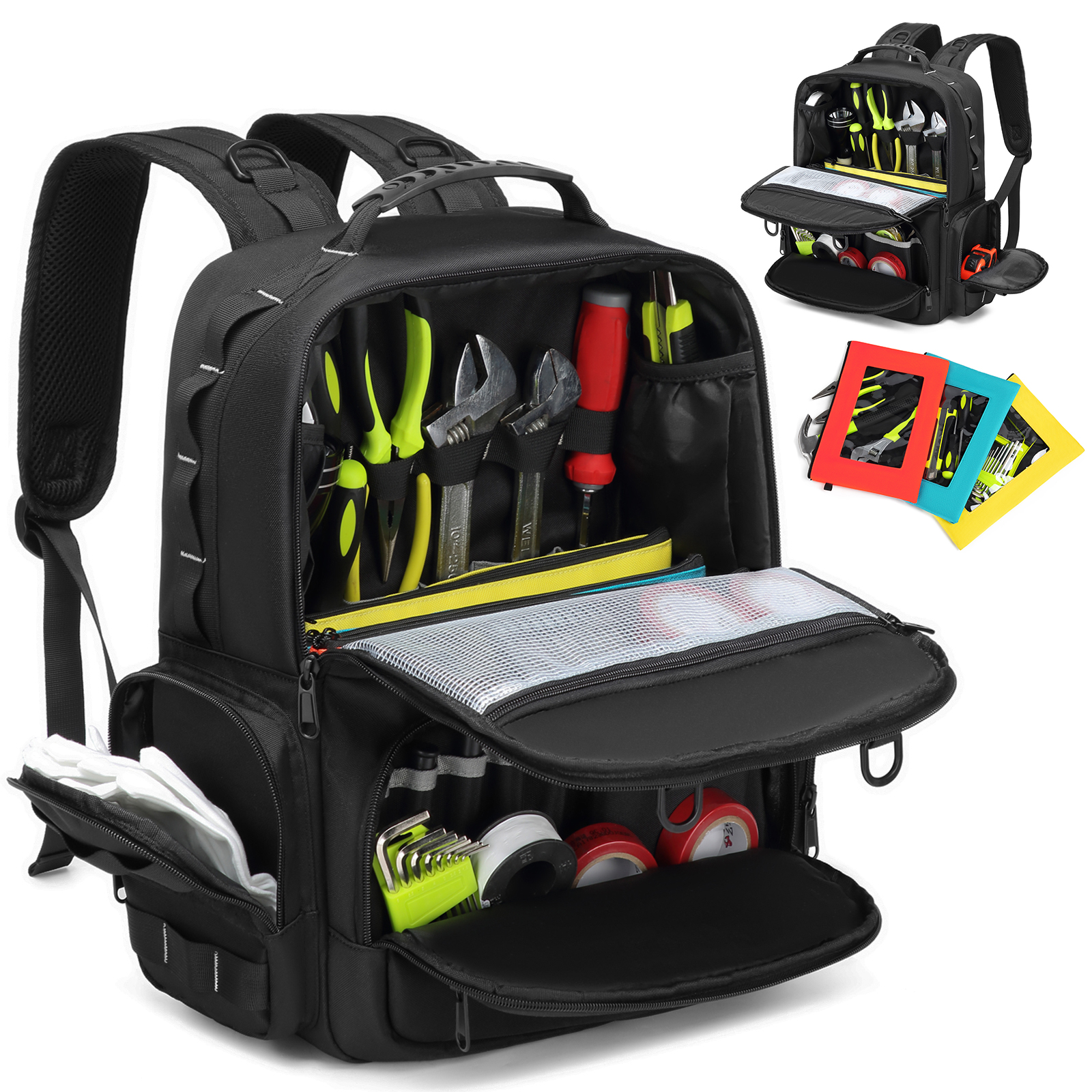 Werkzeugrucksack, robust, für Herren, Werkzeugaufbewahrung mit 3 Werkzeugtaschen, Organizer, Elektriker, Klempner, Wartungsarbeiter, Werkzeugtaschen
