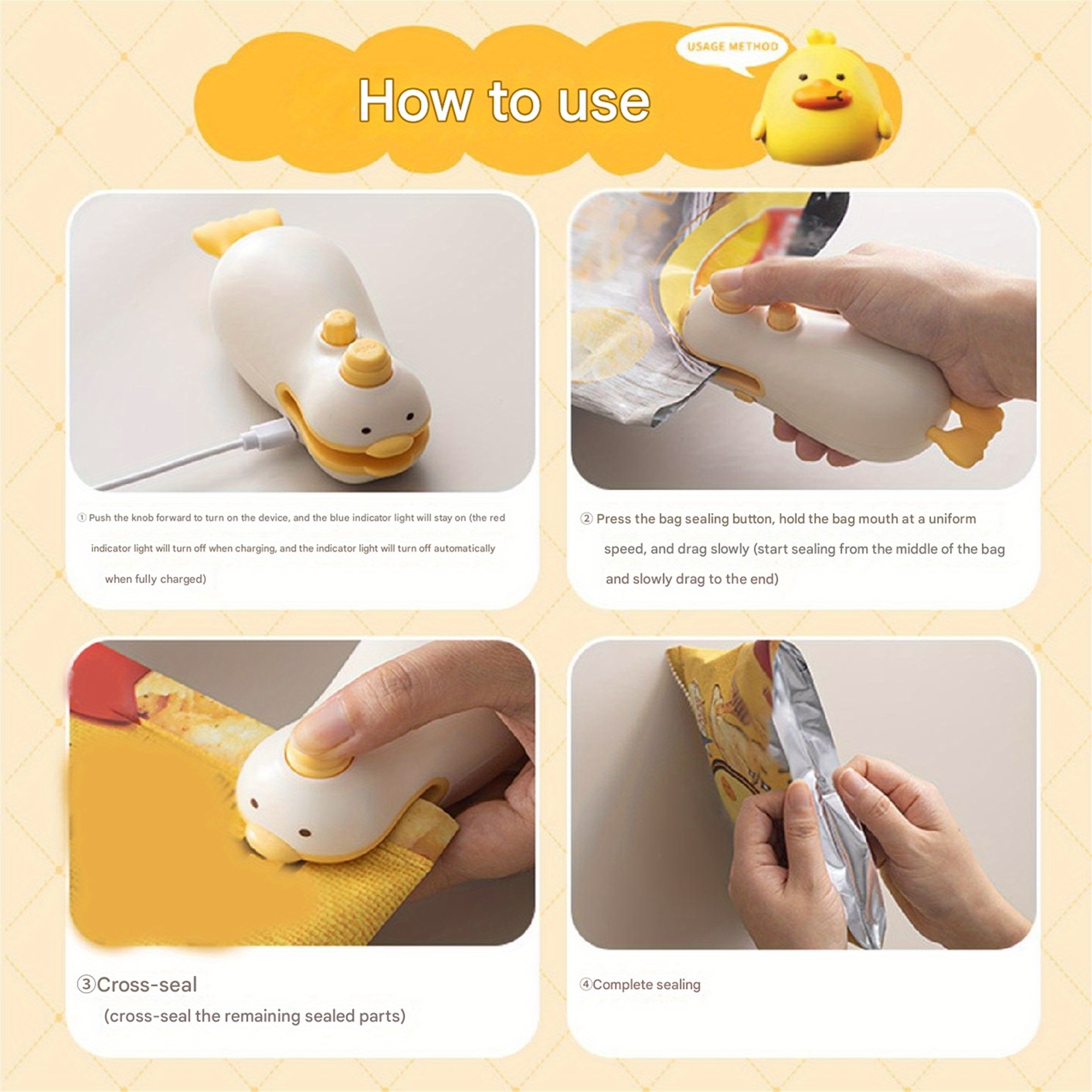 Sellador de bolsas recargable al vacío de pato lindo para frescura, utensilio de cocina portátil de fácil uso, Mini 2 en 1