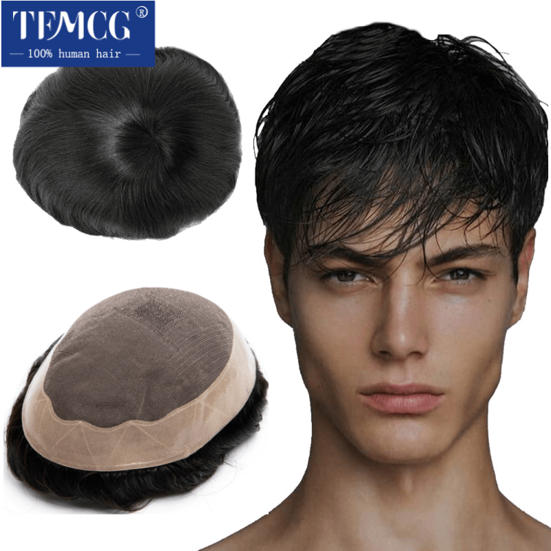 Peluca de hombre peluquín de cabello humano Mono peluca masculina 130% densidad duradera prótesis de cabello masculino peluquín hombres 6 "sistema de reemplazo de cabello para hombres