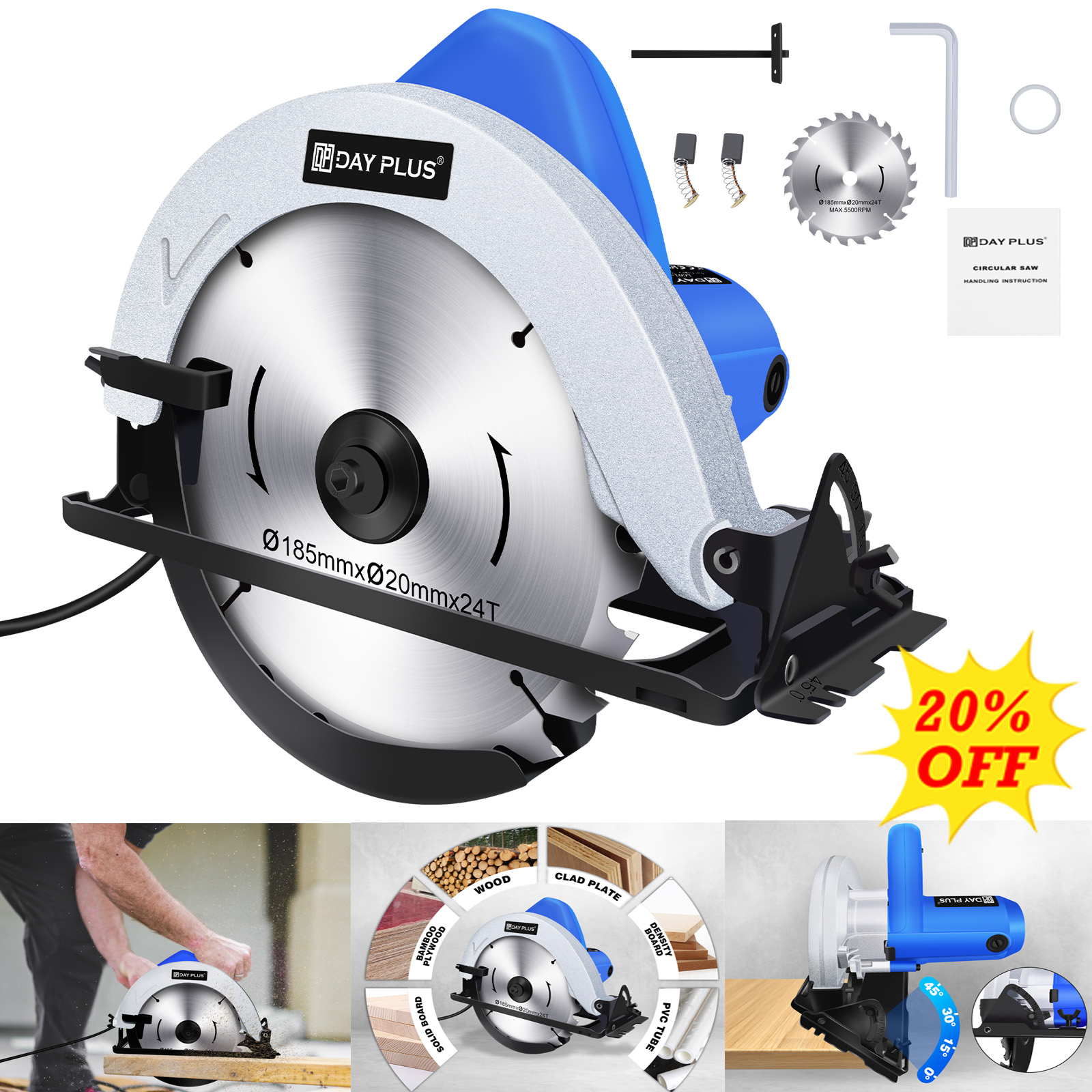 Piła tarczowa DayPlus, elektryczna piła tarczowa 1500 W 5000 obr./min z prowadnicą laserową, od 0 do 45 °   Kąt skosu, brzeszczot 180 mm, 5,5 mm
