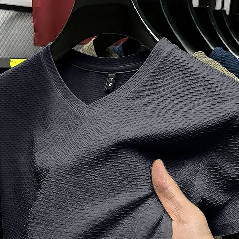 Mode Heren Business Casual Ice Silk T-shirt V-hals Korte mouw Kaki Dagelijkse werkkleding