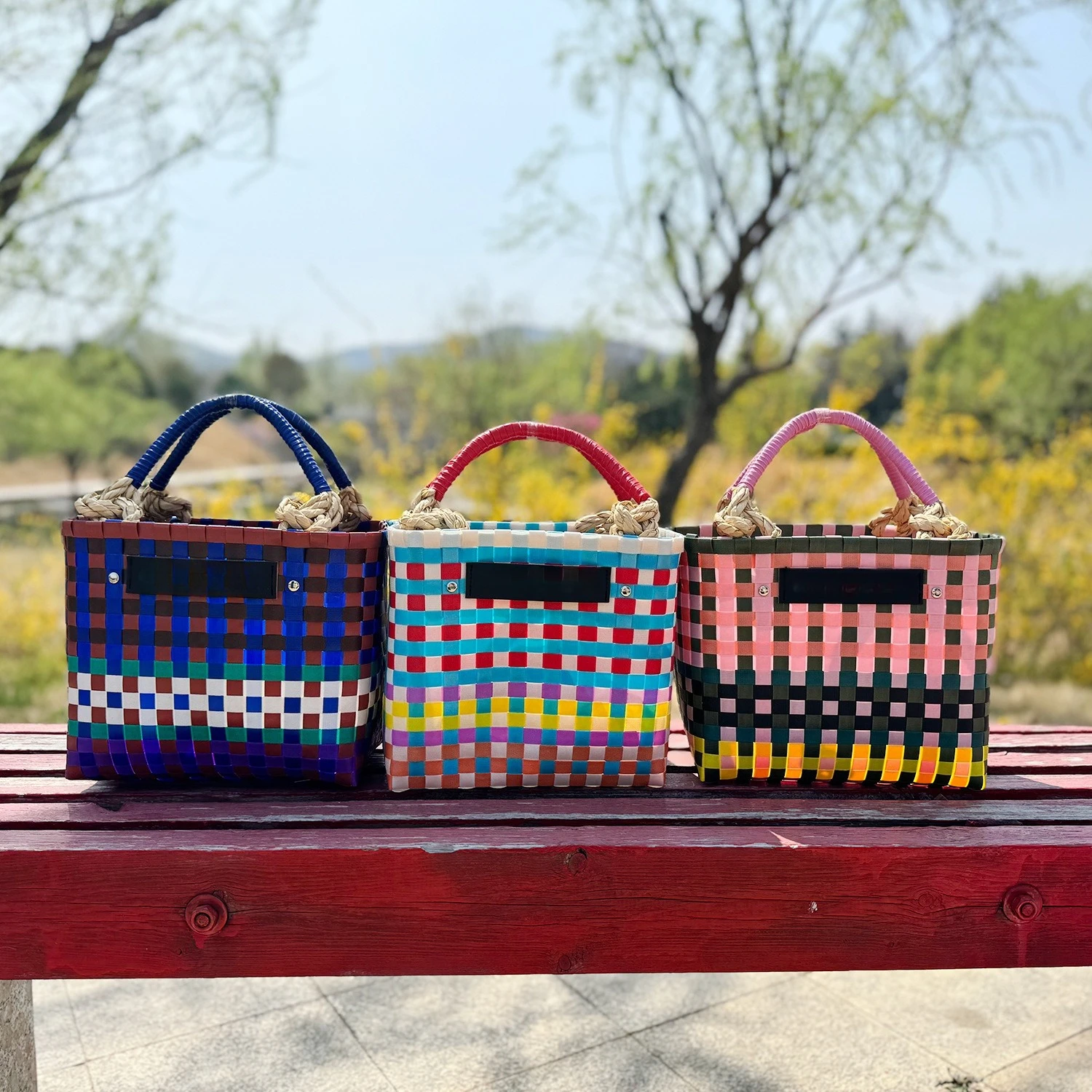 Colorful Checkered Woven Tote Bag with Braided Handles Casual Beach Handbag
