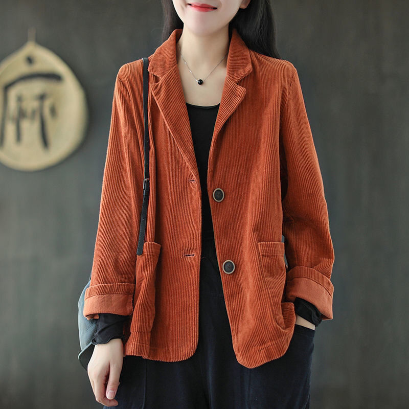 Corduroy ชุดคอปกสีทึบสั้นผู้หญิงใหม่ฤดูใบไม้ร่วงแขนยาววรรณกรรมและ Retro Casual Coat Top