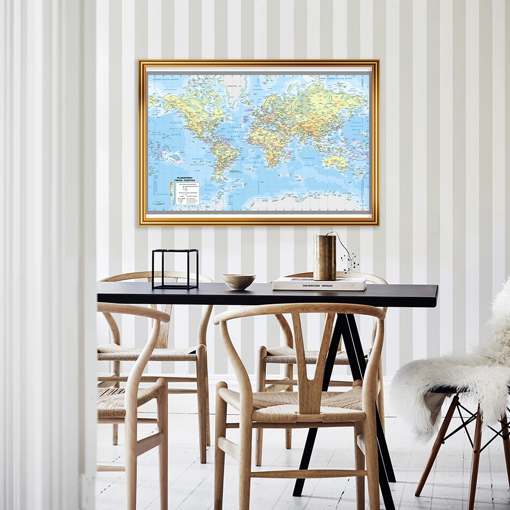 1pc 59x42cm Vinyl World Map Poster in Spanish Background Wall Decor Canvas Print Bedroom Office School Educational Supplies
