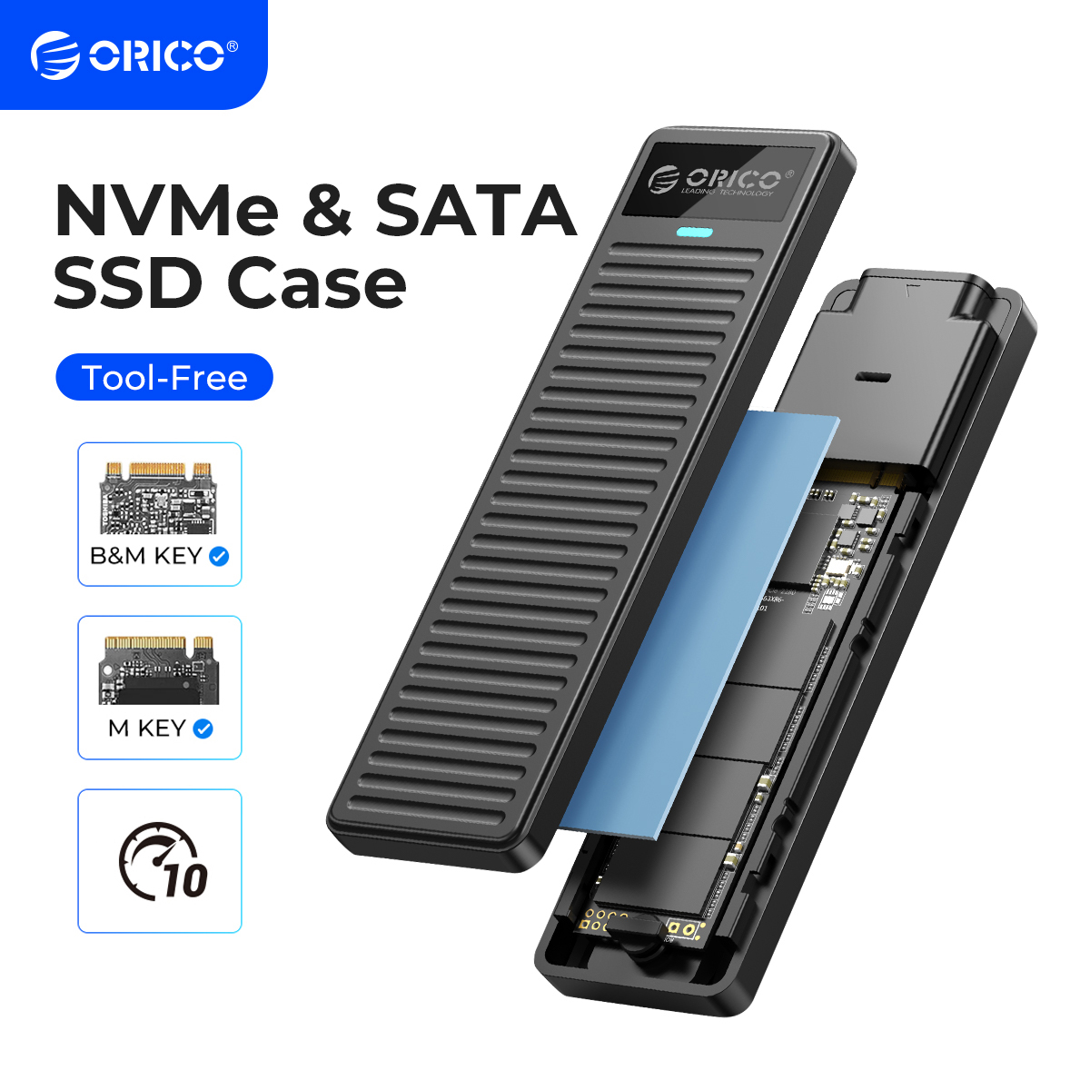 Obudowa ORICO M.2 NVMe SSD 10 Gb/s USB 3.2 Gen2 Case Box Prosta konstrukcja Beznarzędziowa obsługa UASP dla graczy NVMe SATA SSD