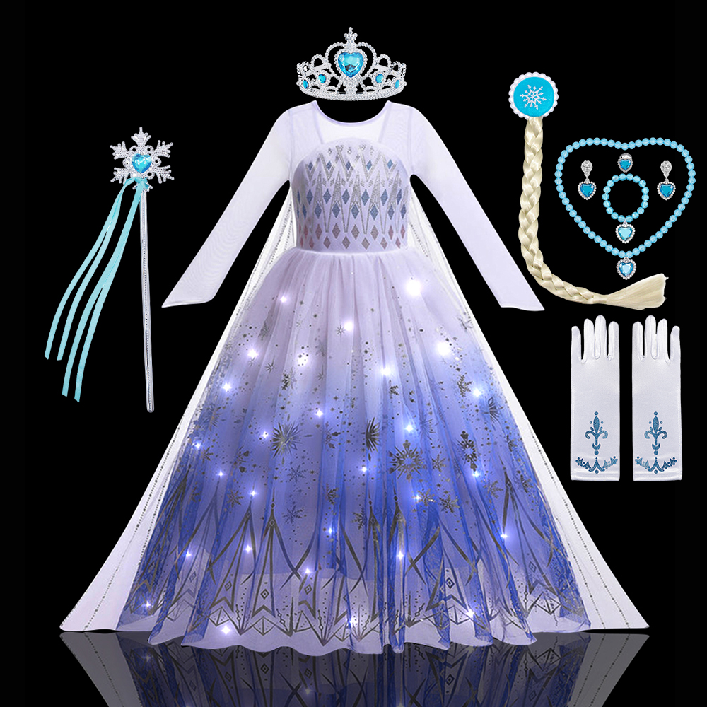 2 pezzi LED illuminano costume da regina delle nevi per bambini ragazza Elsa festa di compleanno principessa di lusso cosplay abbigliamento di carnevale per bambini