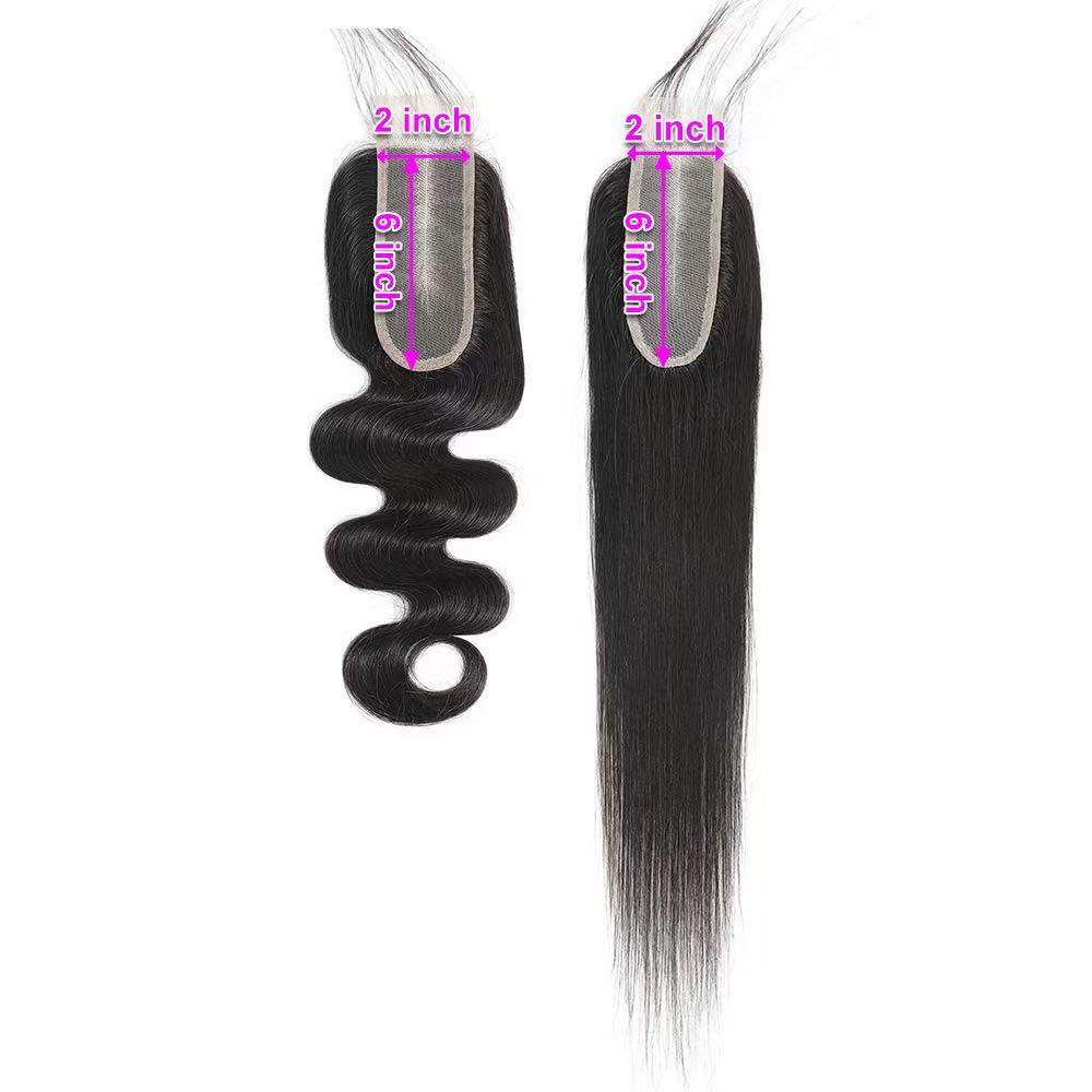 Cierre de encaje recto 2 × 6 cabello humano virgen brasileño onda del cuerpo 2x6 Cierre de encaje transparente Natural prearrancado para mujeres negras