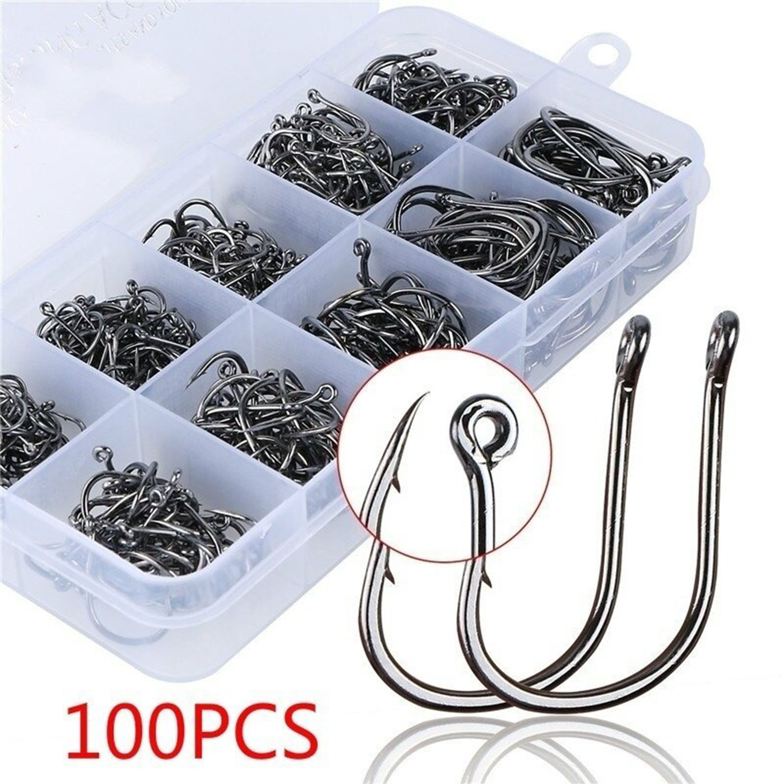 Juego de 100 Anzuelos de Pesca de Acero Inoxidable con Lazo, Anzuelos Afilados con Punta de Carbón, en Caja, Accesorios para Pesca Marina