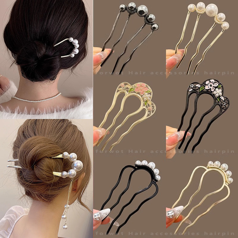 Metal em forma de u varas de cabelo pentes pérola borla garfo de cabelo grampo de cabelo feminino menina acessórios de cabelo ornamento ferramenta de estilo