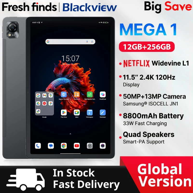【World Premiere】Blackview MEGA 1 Tablet 11.5 inch 2.4K 120Hz Display 8GB 256GB 50MP+13MP Camera 8800mAh 33W Fast Charging Pad P