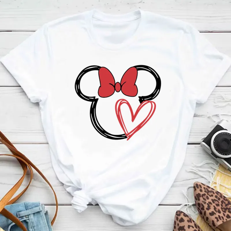 Camisetas Unisex con estampado de Minnie y corazón para mujer, ropa de calle Y2K, camisetas Kawaii con cabeza de ratón