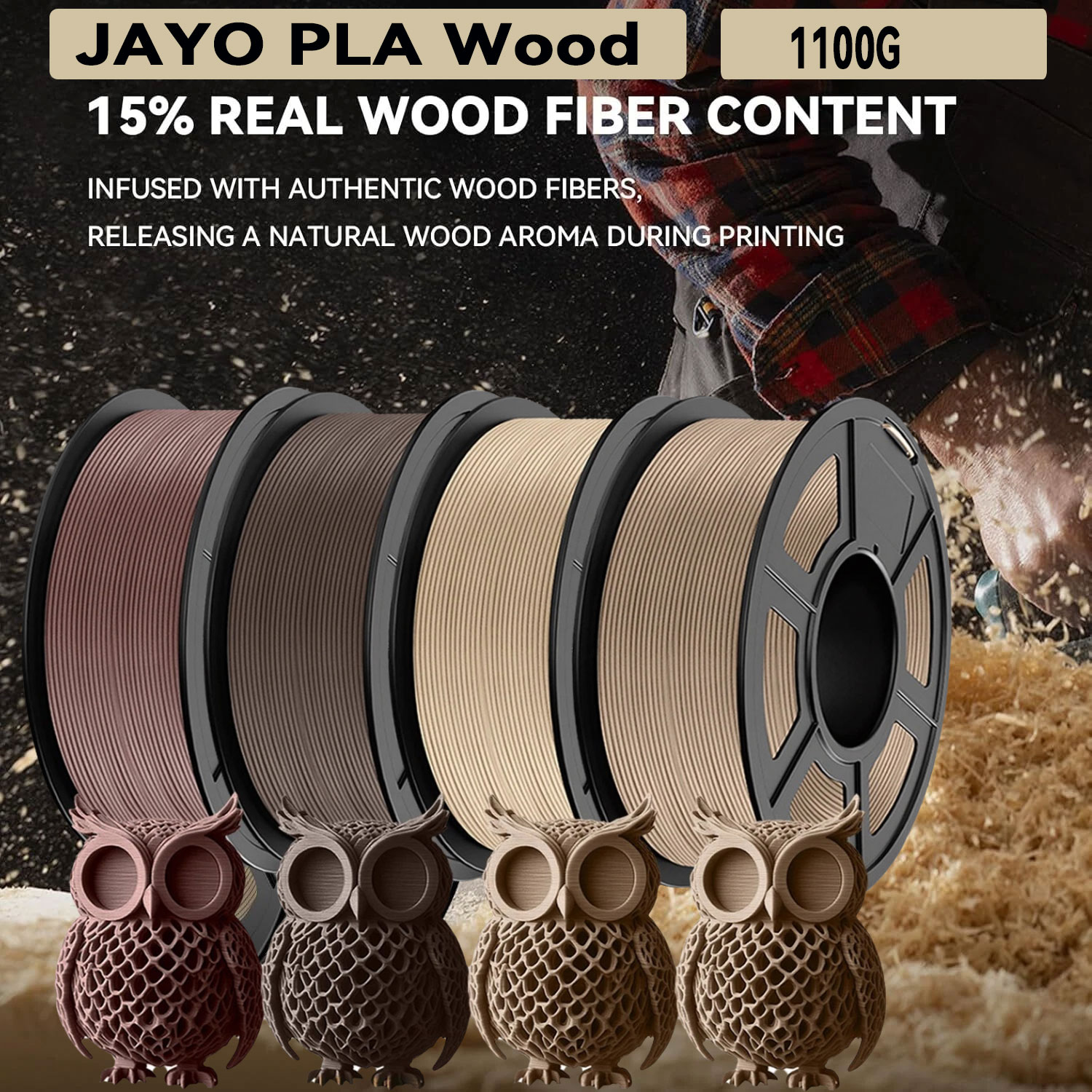 JAYO 3D Hout PLA-printerfilament 1,75 mm 1,1 kg 15% echte houtvezels Dimensionale nauwkeurigheid +/- 0,02 mm Past op de meeste FDM 3D-printers