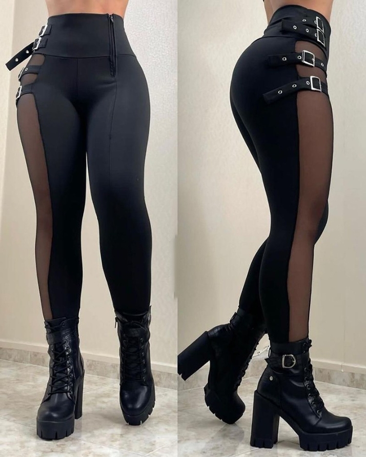 Pantalones sexis para mujer, moda Primavera 20224, Panel de malla, hebilla de cinturón, cintura alta, cremallera, pantalones informales ajustados elásticos para uso diario, ropa de calle Y2K