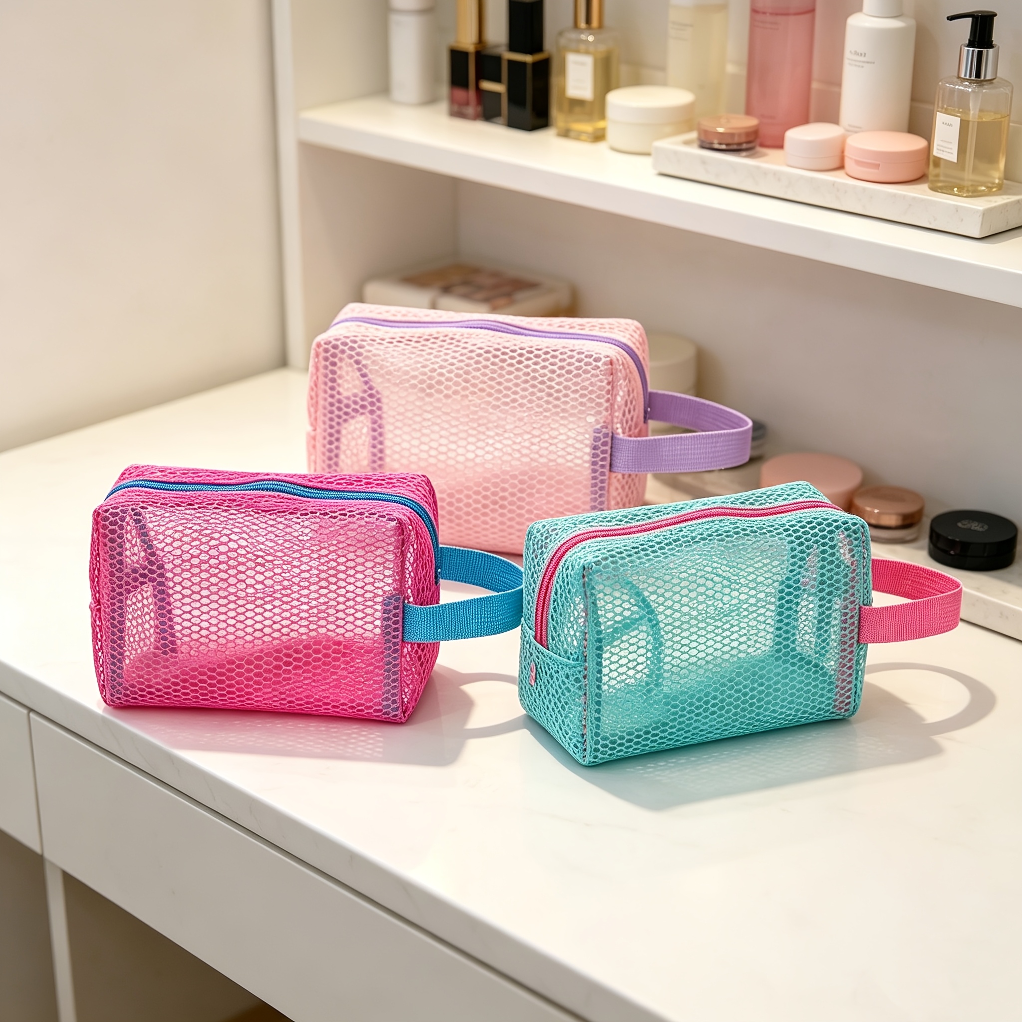 Bolsa Pequena Feminina Dopamine em Cores Macaron, Bolsa de Malha Octogonal com Alça, Bolsa de Maquiagem, Bolsa de Armazenamento Portátil de Grande Capacidade para Viagens ao Ar Livre e Academia, Bolsa Transparente para Equipamentos de Natação, Bolsa de Ar