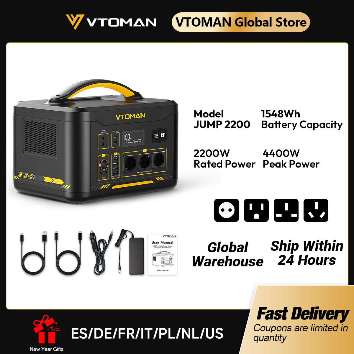 VTOMAN JUMP 2200 / JUMP 1800 Stasiun Daya Portabel 828/1548Wh Baterai LiFeP04 Generator Tenaga Surya untuk Rumah Berkemah di Luar Ruangan
