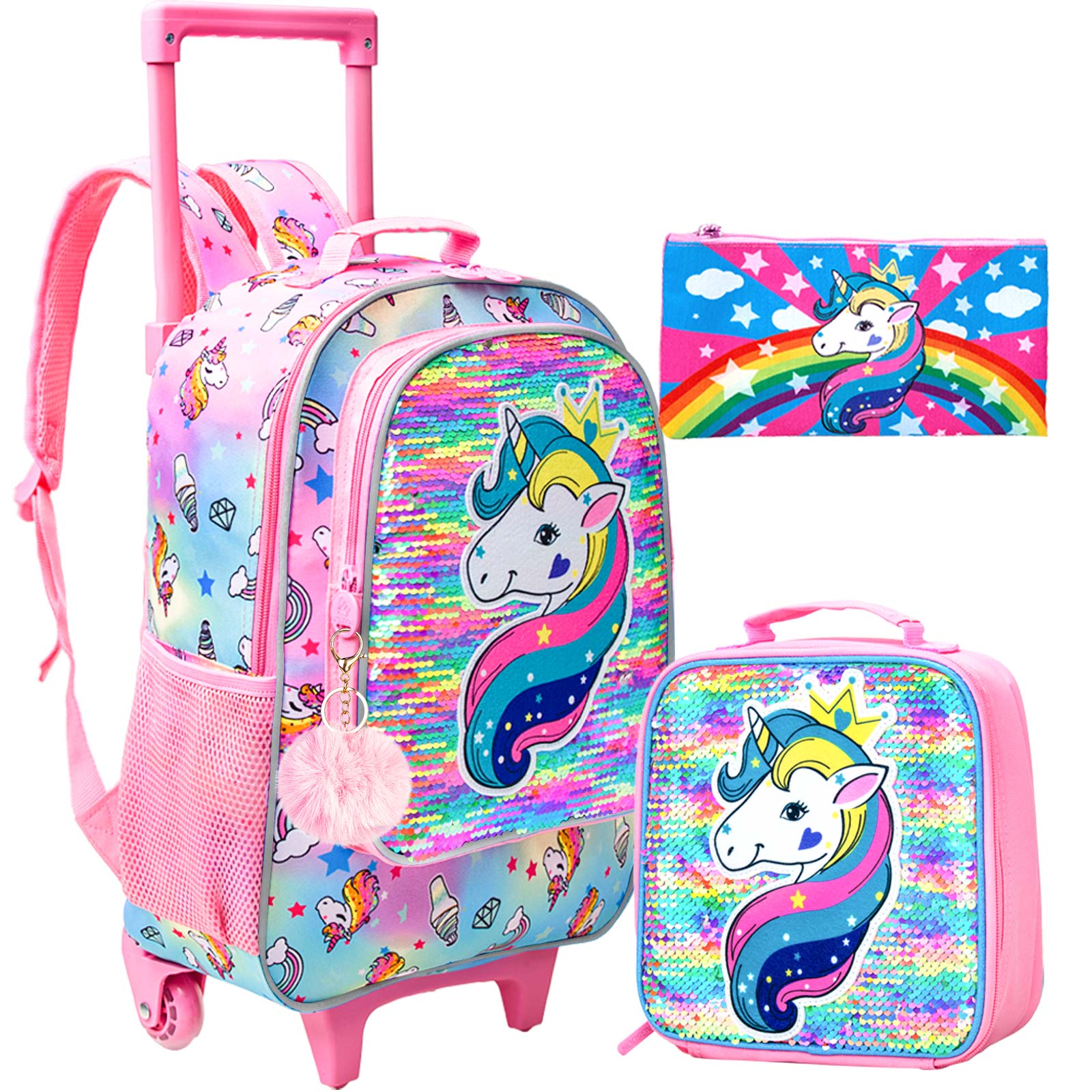 3PCS Rolling Backpack for Girls Kids Roller Wheels Bookbag with Lunch Bag Pink Unicorn Glow-in-the-dark Function (en inglés)