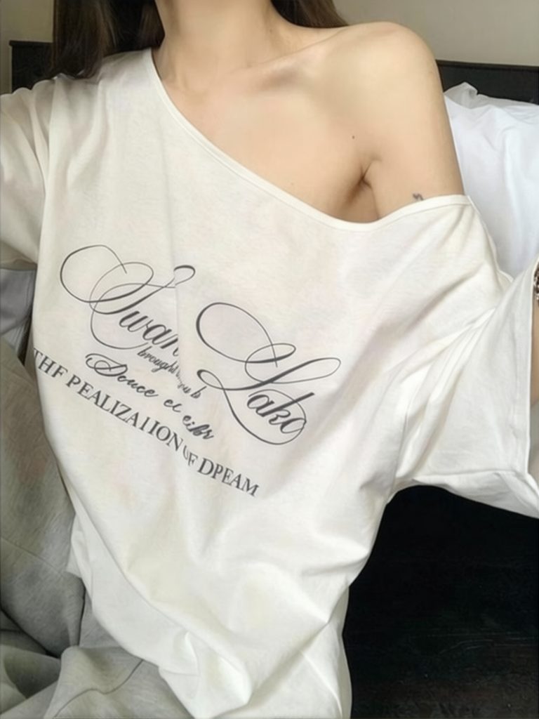 Oversize One shoulder Short sleeve T shirt Women Summer Off shoulder Top Casual Boyfriend Loose Tees Sexy Solid Color White