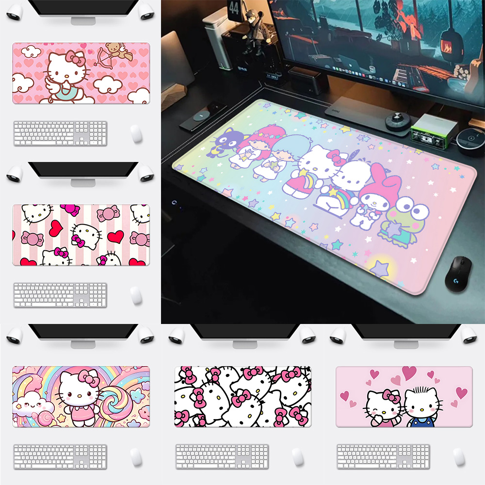 Rosa Cartoon Hello Kitty Mousepad HD-Druck Computer Gamer Locking Edge Rutschfestes Mauspad XXL90x40cm Tastatur PC Schreibtischunterlage