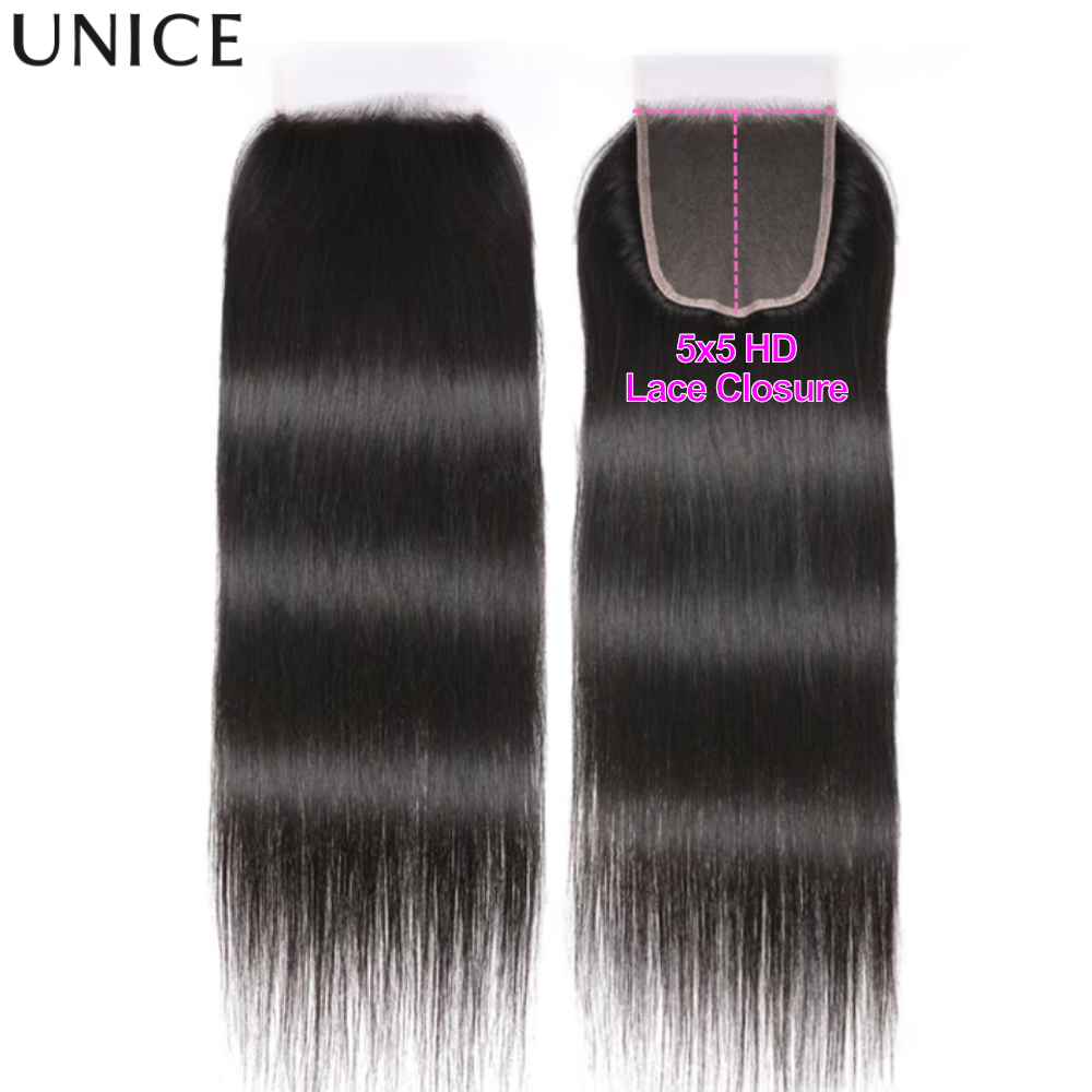 UNice Fechamento de Renda HD 5x5 de 26 Polegadas, Cabelo Humano Liso, Fechamento de Renda Transparente 4x4, 1 Peça com Divisão Livre