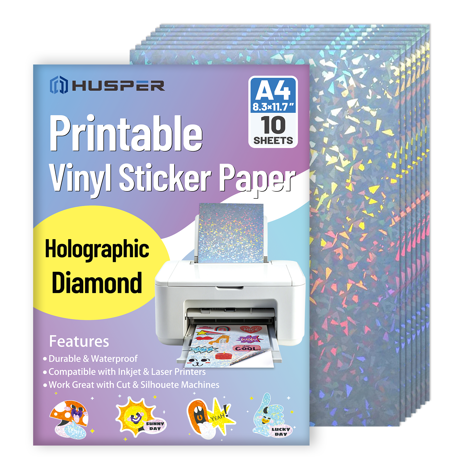 10 hojas de papel adhesivo de vinilo imprimible con diamantes: A4 (8,3 × 11,7 pulgadas), impermeable y autoadhesivo, papel imprimible por inyección de tinta