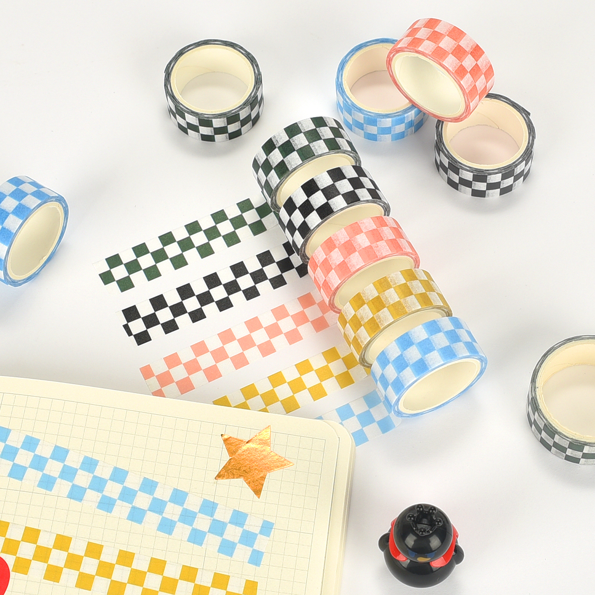 Ruban Washi à grille damier, 5 rouleaux, pour Scrapbooking, planificateurs, décoration et artisanat, emballage cadeau, DIY bricolage