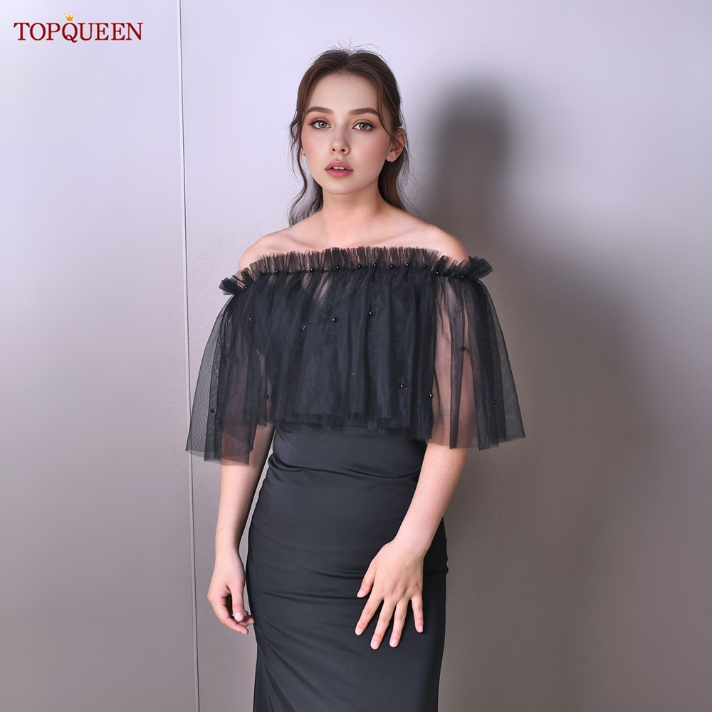 TOPQUEEN G112 syal pernikahan manis bungkus pengantin dengan mutiara manik-manik kerawang jaket musim panas Bolero untuk wanita jubah transparan